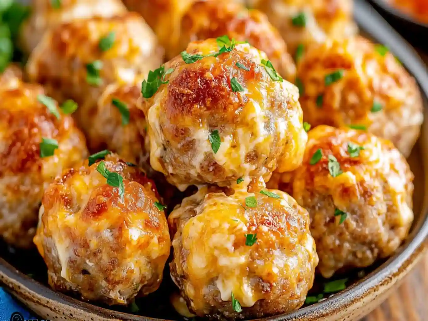 Close-up of golden-baked Rotel sausage balls with melted cheese and fresh parsley garnish