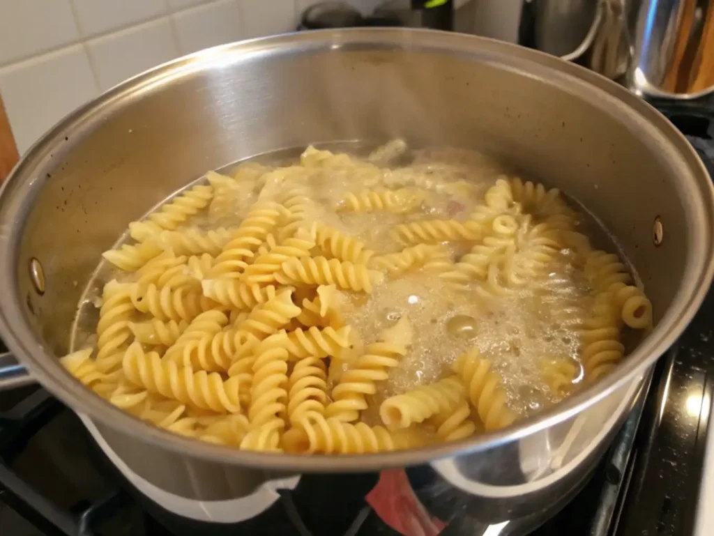 A stainless steel stock pot sits on a stovetop, filled with rotini or fusilli pasta boiling vigorously in hot water. The pasta is a pale yellow and starting to cook.