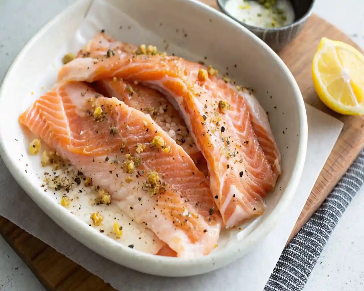 Raw salmonsalmon belly recipe seasoned with salt, pepper, and garlic, resting in a white bowl before cooking, ready to marinate for a salmon belly recipe.