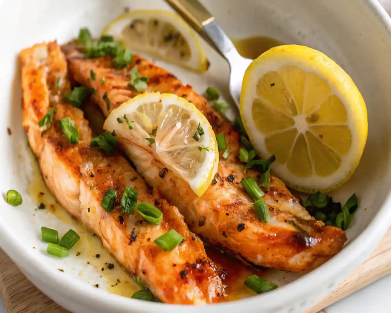 Delicious crispy golden salmon belly recipe garnished with fresh herbs and lemon served in a white dish for a special dinner