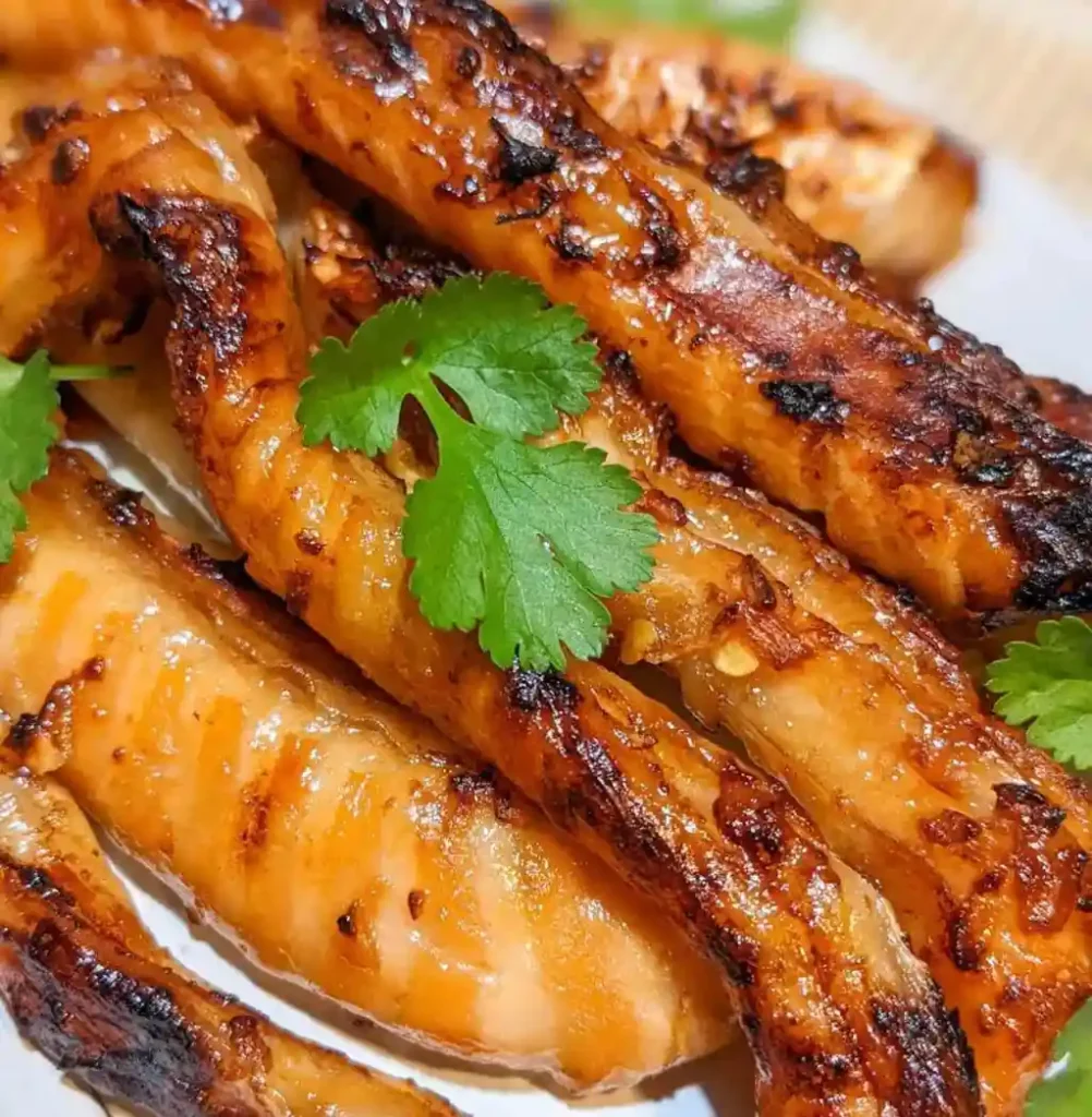 Crispy, glazed salmon belly strips, richly browned and caramelized, are piled high and garnished with a sprig of fresh cilantro or parsley in this inviting dish.