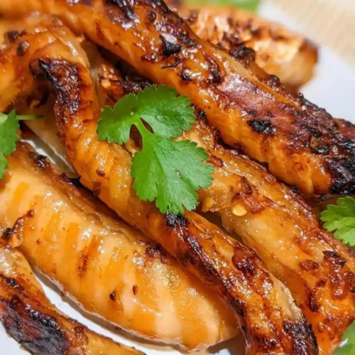Crispy, glazed salmon belly strips, richly browned and caramelized, are piled high and garnished with a sprig of fresh cilantro or parsley in this inviting dish.