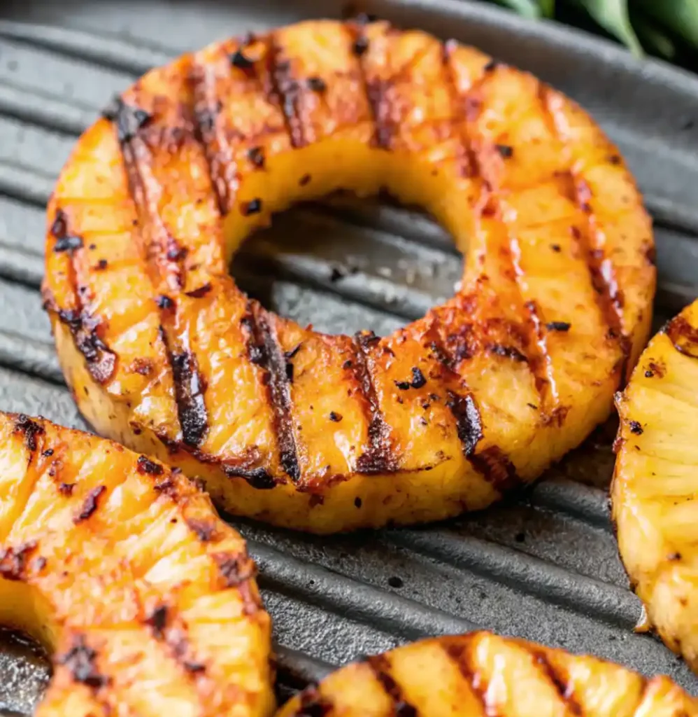 This is a close-up of a thick, circular slice of pineapple resting on a hot grill pan. The fruit is caramelized with a golden-brown hue and features prominent, charred grill marks.