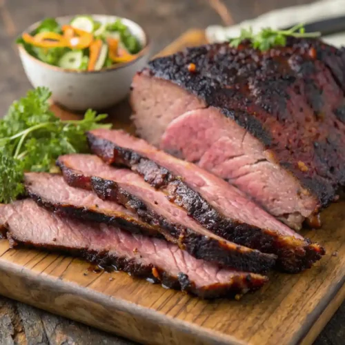 The image shows a delicious dish of Smoked Corned Beef Brisket, cut into thick slices with a dark and cracked outdoor layer, a feature of slow and professional smoking. Next to it fresh herbs and light salad, which completely complete the dish.
