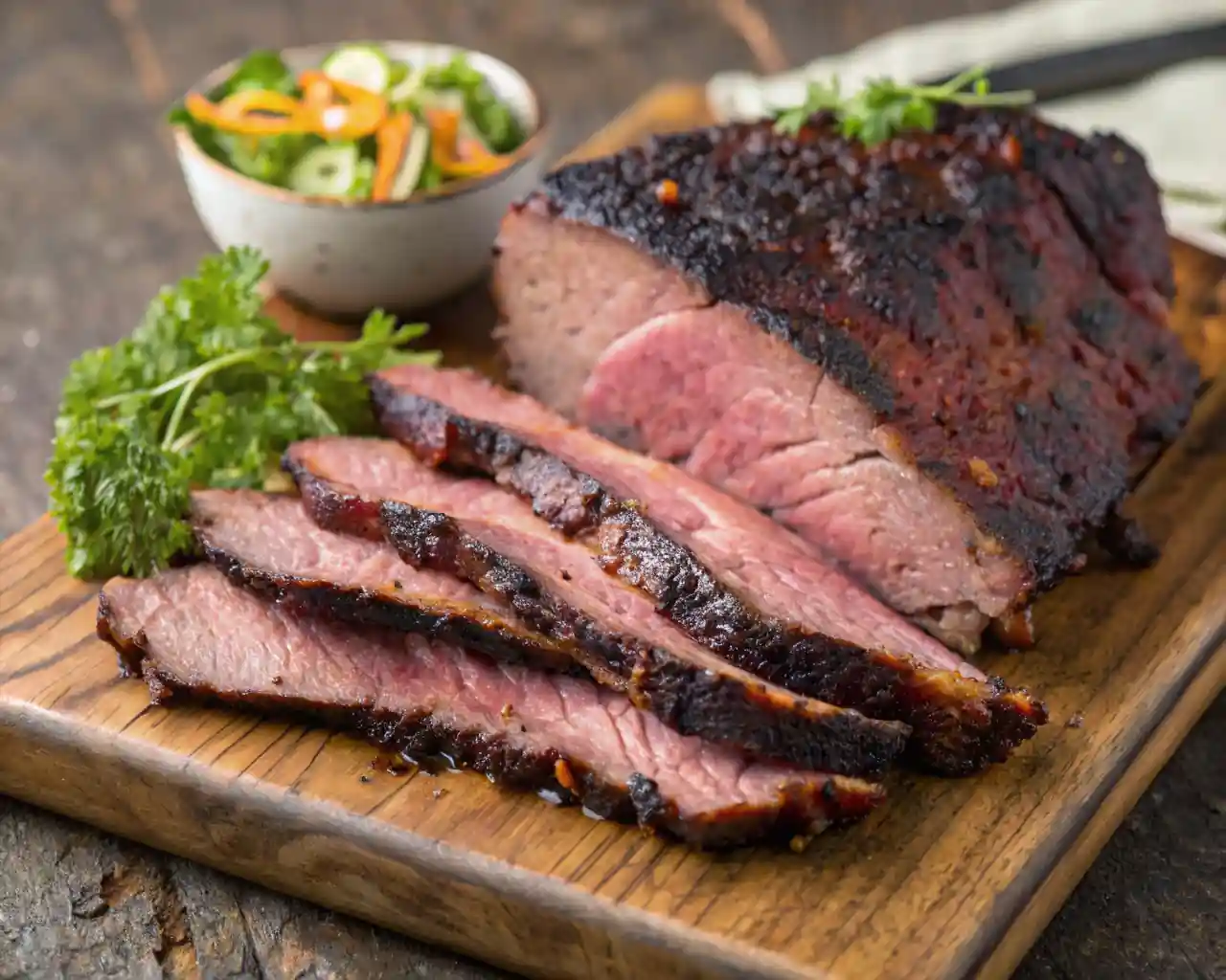 The image shows a delicious dish of Smoked Corned Beef Brisket, cut into thick slices with a dark and cracked outdoor layer, a feature of slow and professional smoking. Next to it fresh herbs and light salad, which completely complete the dish.