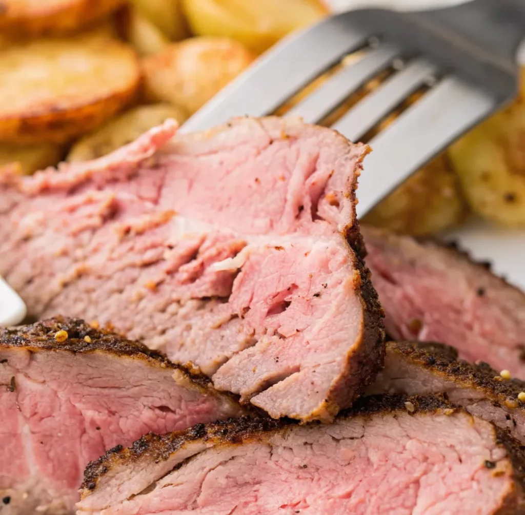 A close-up of sliced smoked corned beef brisket shows a tender pink interior and a dark, peppery crust. A fork holds up one slice, with golden, roasted potatoes blurred in the background.