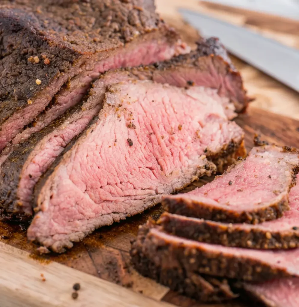 A fully sliced smoked corned beef brisket is fanned out on a wooden cutting board, revealing a moist, bright pink interior and a dark, heavily spiced bark, next to a knife.