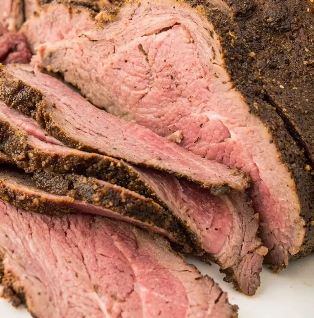 A close-up of a partially sliced smoked corned beef brisket shows a tender, rosy-pink interior and a dark, peppery crust, with the slices fanned out on a white serving surface.