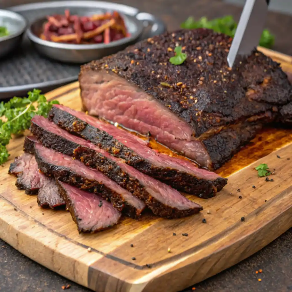 Sliced Smoke Brisket at 180 or 225 on a wooden cutting board, showing a dark, seasoned bark and a juicy pink interior, with garnishes and side dishes in the background.