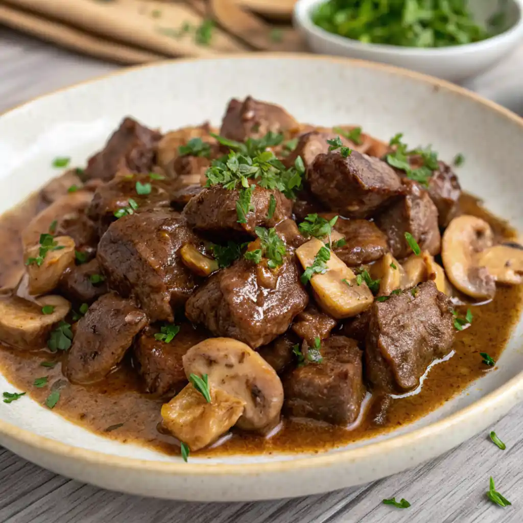 No Peek Beef Tips with mushroom