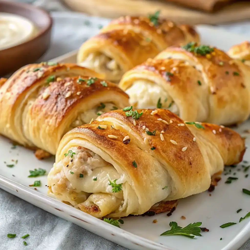 Golden brown Chicken Stuffed Crescent Rolls on a white plate, garnished with sesame seeds and fresh parsley, with creamy filling visible."