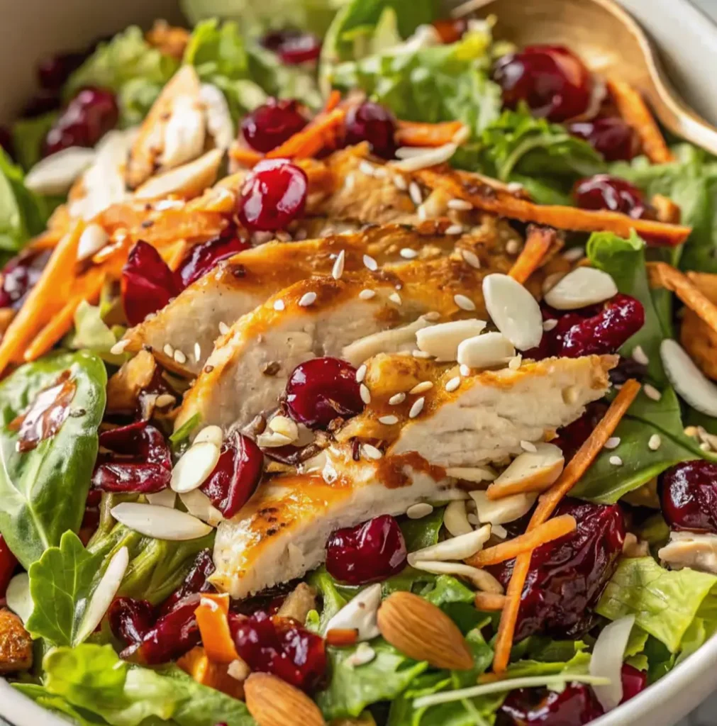 Asian Chicken Cranberry Salad: A vibrant bowl featuring sliced grilled chicken, dried cranberries, slivered almonds, and shredded carrots on mixed greens, all drizzled with a rich, sesame seed-topped dressing.