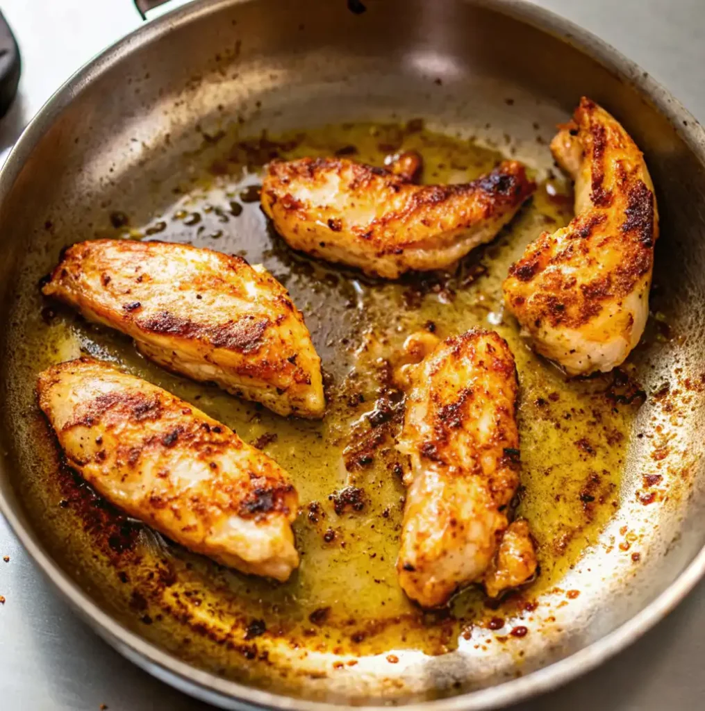 Four pieces of seasoned, sliced chicken breast are cooking in a metal skillet, browning nicely in oil