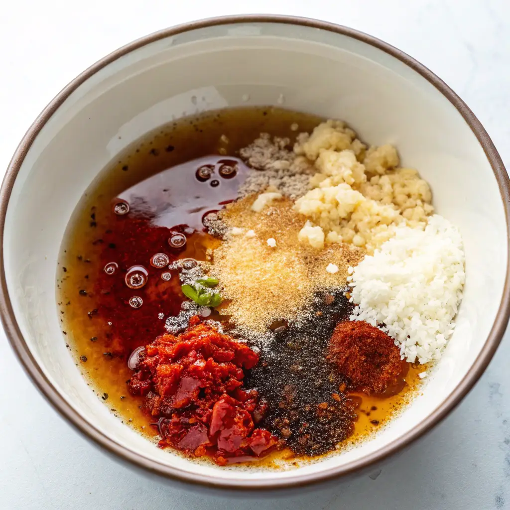 A white bowl contains ingredients for an Asian-style sauc, together the rice vinegar, sesame oil, and soy sauce. honey ginger, garlic, and sriracha