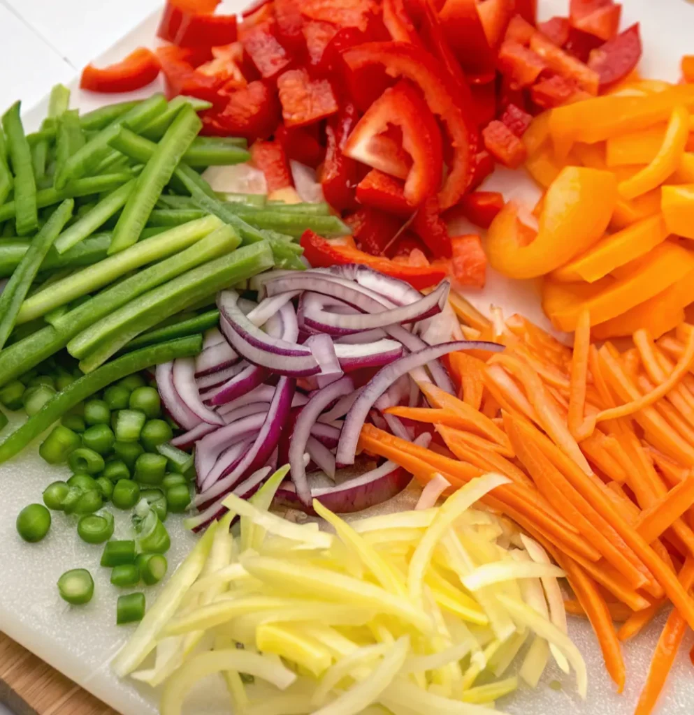 A colorful array of finely chopped and julienned vegetables for an Asian salad or stir-fry, including green beans, red bell pepper, orange bell pepper, shredded carrots, purple red onion, and white/yellow strips.