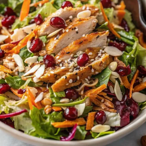 Asian Chicken Cranberry Salad: A vibrant bowl featuring sliced grilled chicken, dried cranberries, slivered almonds, and shredded carrots on mixed greens, all drizzled with a rich, sesame seed-topped dressing.