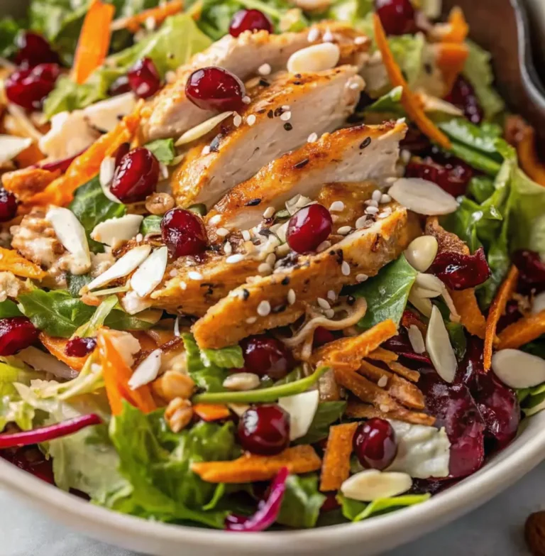Asian Chicken Cranberry Salad: A vibrant bowl featuring sliced grilled chicken, dried cranberries, slivered almonds, and shredded carrots on mixed greens, all drizzled with a rich, sesame seed-topped dressing.