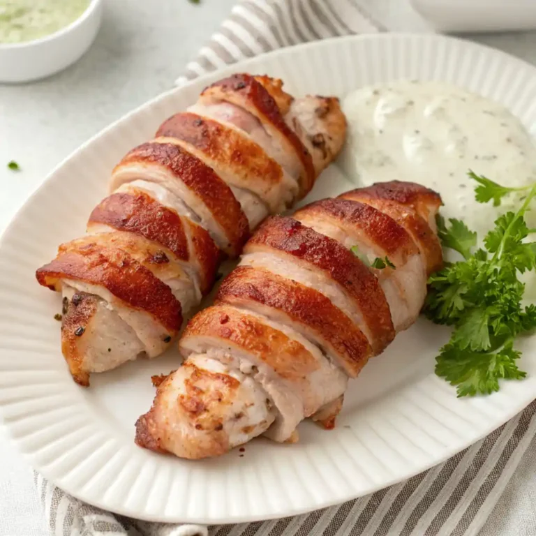 Ranch Bacon Wrapped Chicken served with creamy mashed potatoes and fresh herbs