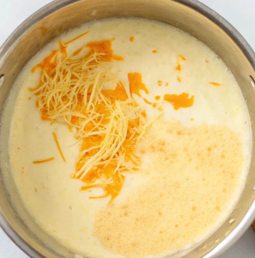 Cream cheese sauce in a metal saucepan. A handful of grated orange cheddar cheese melts into the smooth sauce. This forms the basic mixture for macaroni and cheese.