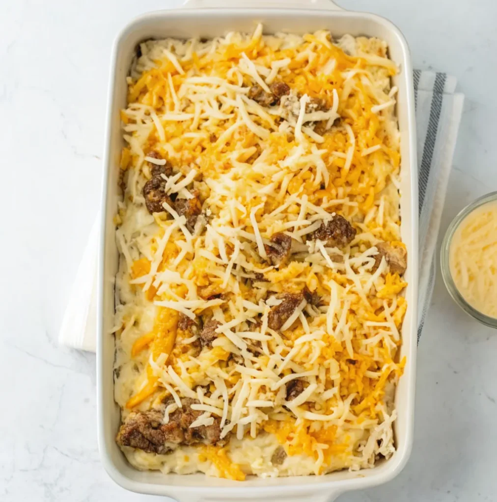 Brisket Mac and Cheese ready for the oven. The creamy pasta and meat mixture is topped with a generous layer of shredded white and orange (cheddar) cheese in a white rectangular baking dish.