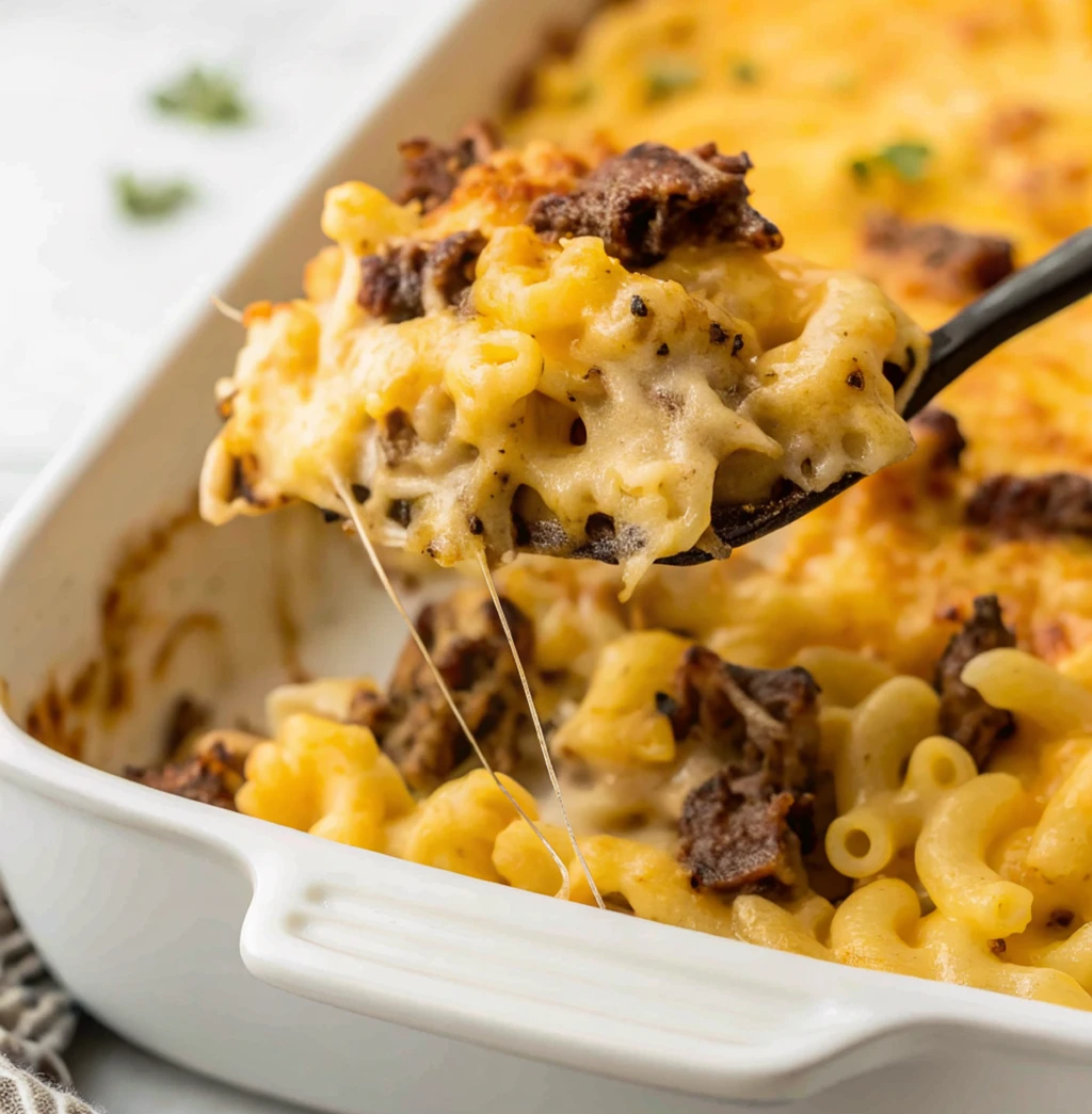 Brisket Mac and Cheese casserole in a white baking dish. A black spoon scoops out a creamy portion, showcasing the elbow macaroni, chunks of brisket, and a golden, bubbly baked cheese topping.