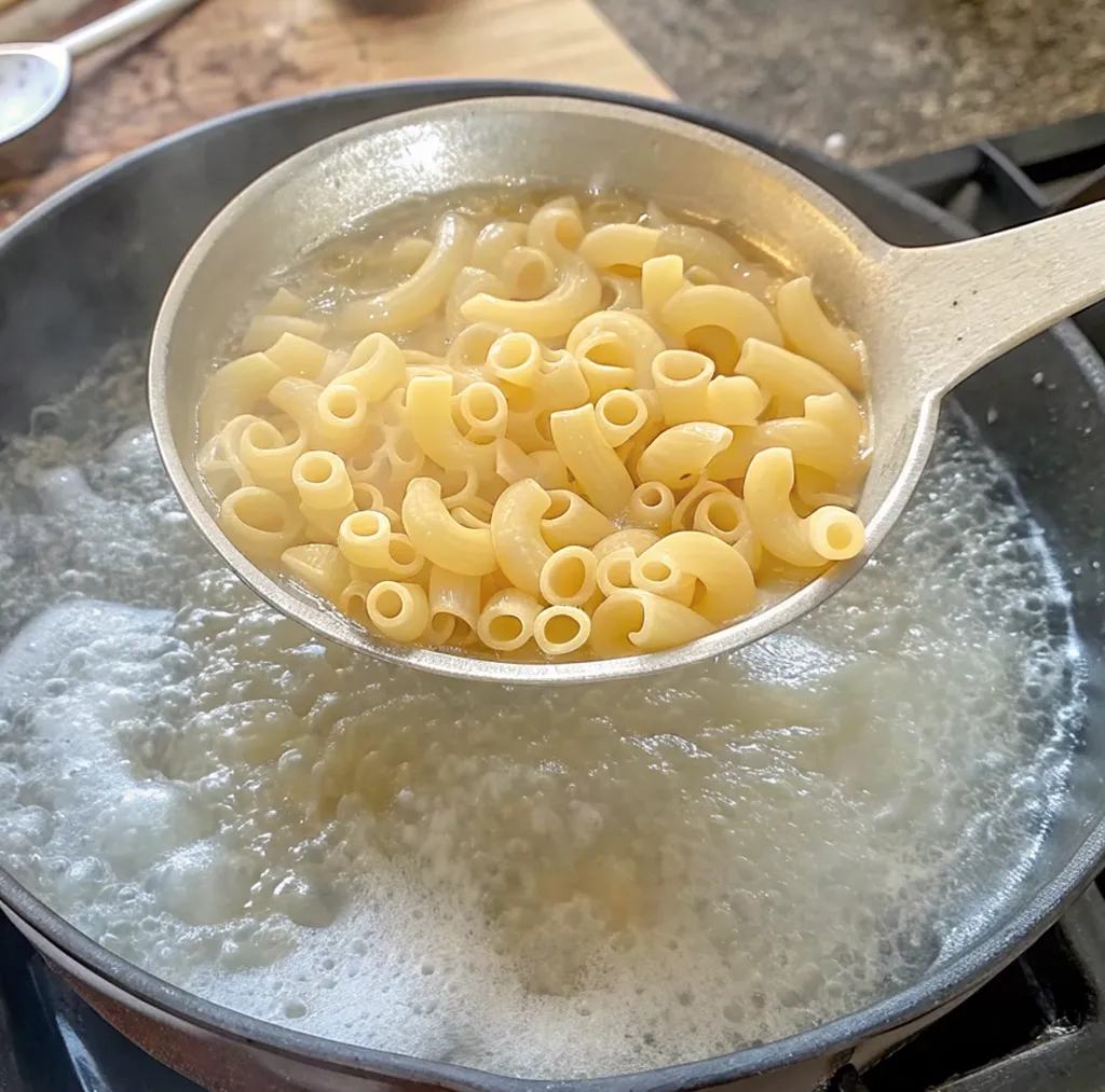 large slotted spoon, lifts a serving of cooked elbow macaroni out of a pot of vigorously boiling water. The pasta is al dente and ready to be drained and mixed with the cheese sauce.