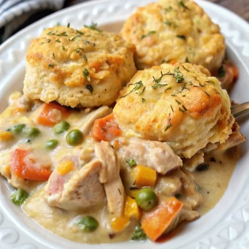 A comforting Cheddar Bay Biscuit Chicken Pot Pie, rich and creamy with chunks of chicken and colorful vegetables, topped with three golden-brown, flaky Cheddar Bay Biscuits sprinkled with herbs.