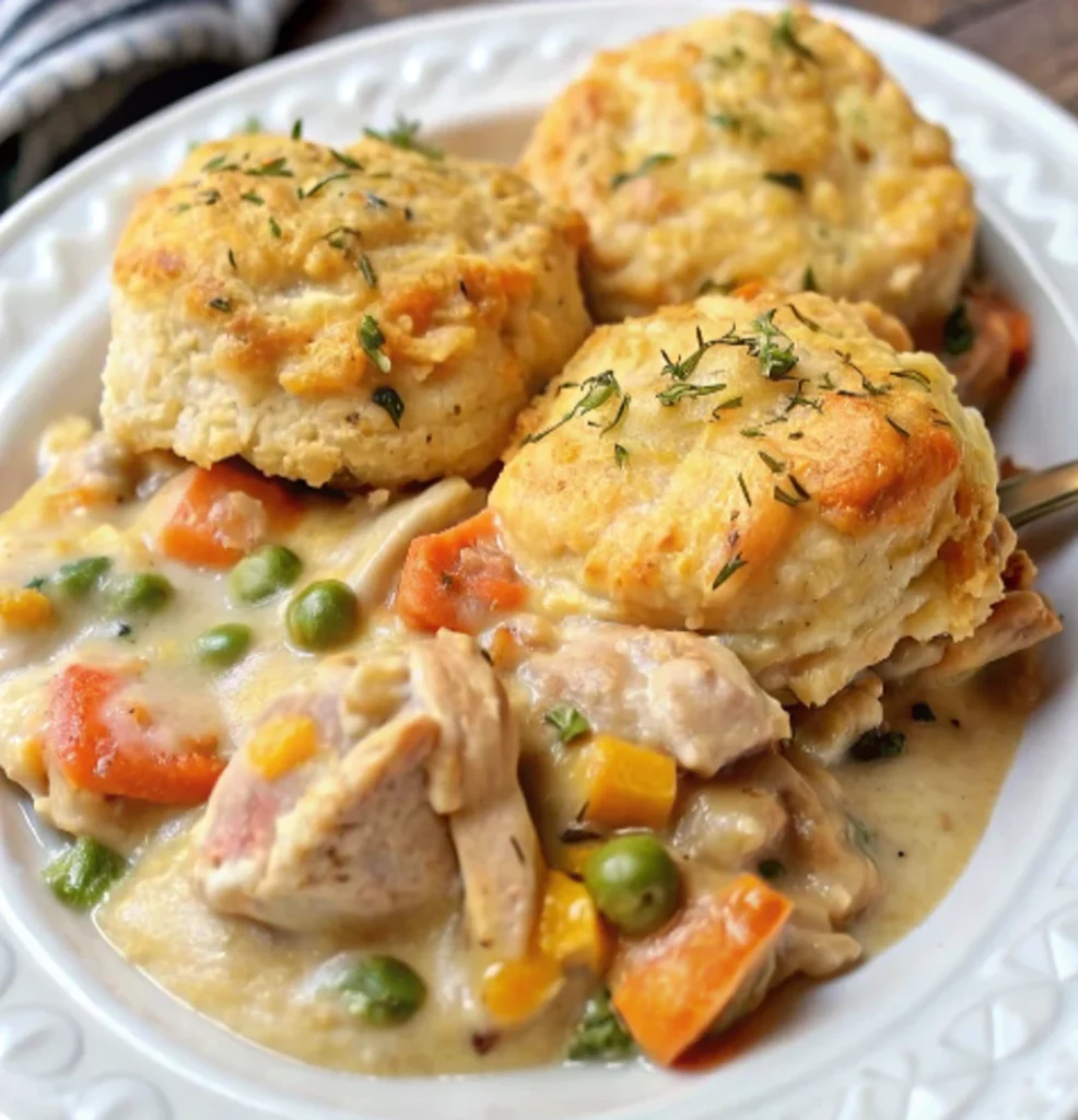 A comforting Cheddar Bay Biscuit Chicken Pot Pie, rich and creamy with chunks of chicken and colorful vegetables, topped with three golden-brown, flaky Cheddar Bay Biscuits sprinkled with herbs.