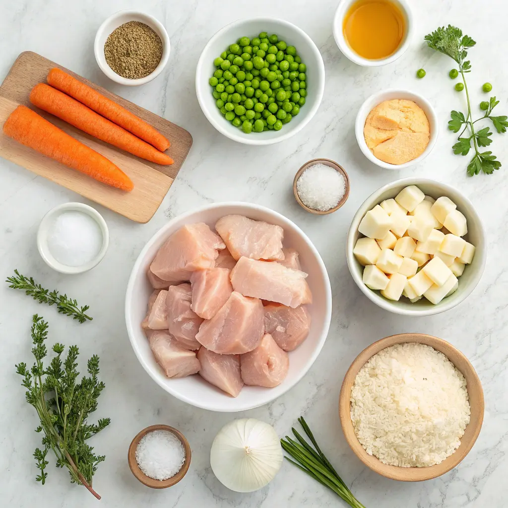 Cheddar Bay Biscuit Chicken Pot Pie recipe ingredients Boneless, skinless chicken thighs carrots, peas, onion, diced Minced garlic cloves all-purpose flour Salt and pepper, cheddar cheese 