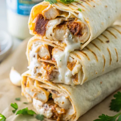 This is a stack of three finished Cheesy Garlic Chicken Wraps, grilled with visible grill marks and melted cheese oozing out, garnished with fresh parsley.