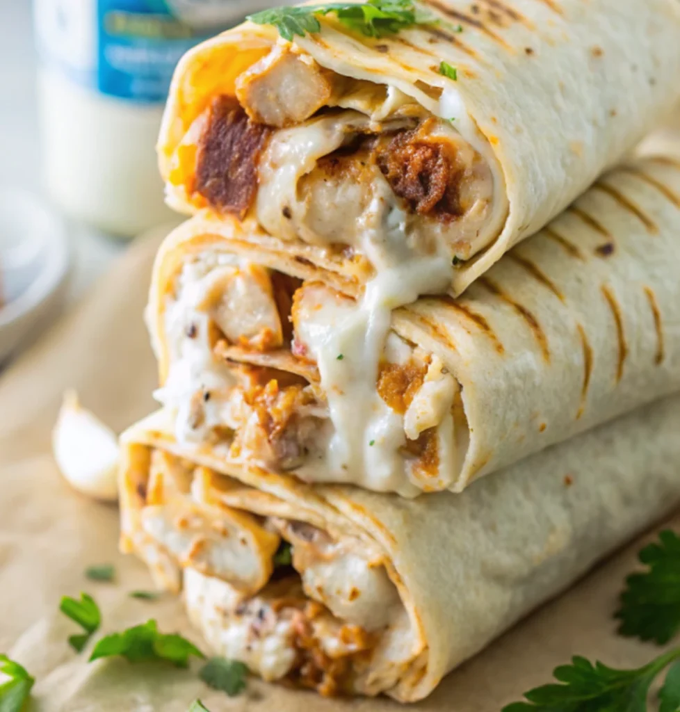 This is a stack of three finished Cheesy Garlic Chicken Wraps, grilled with visible grill marks and melted cheese oozing out, garnished with fresh parsley.