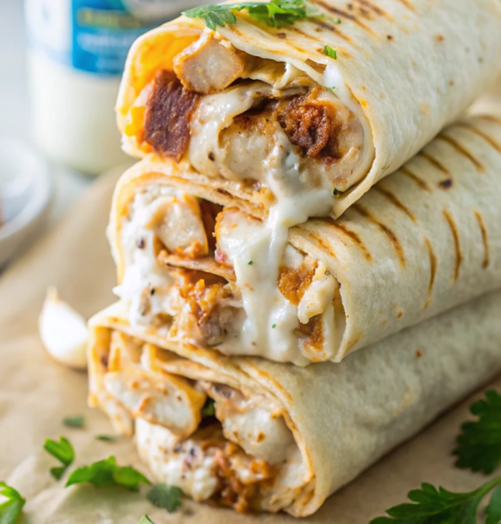 This is a stack of three finished Cheesy Garlic Chicken Wraps, grilled with visible grill marks and melted cheese oozing out, garnished with fresh parsley.