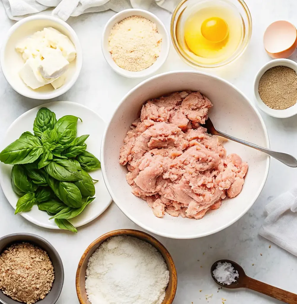 Ingredients for Chicken Ricotta Meatballs with Spinach Alfredo Sauce are spread on a white surface: a bowl of ground chicken, ricotta, basil, egg, breadcrumbs, grated cheese, salt, and pepper.