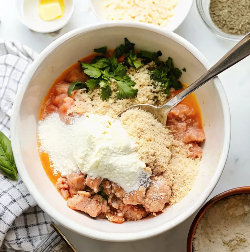 A white bowl holds the ground chicken mixture before mixing, showing parsley, breadcrumbs, grated cheese, and ricotta cheese piled on top of the meat and egg base.