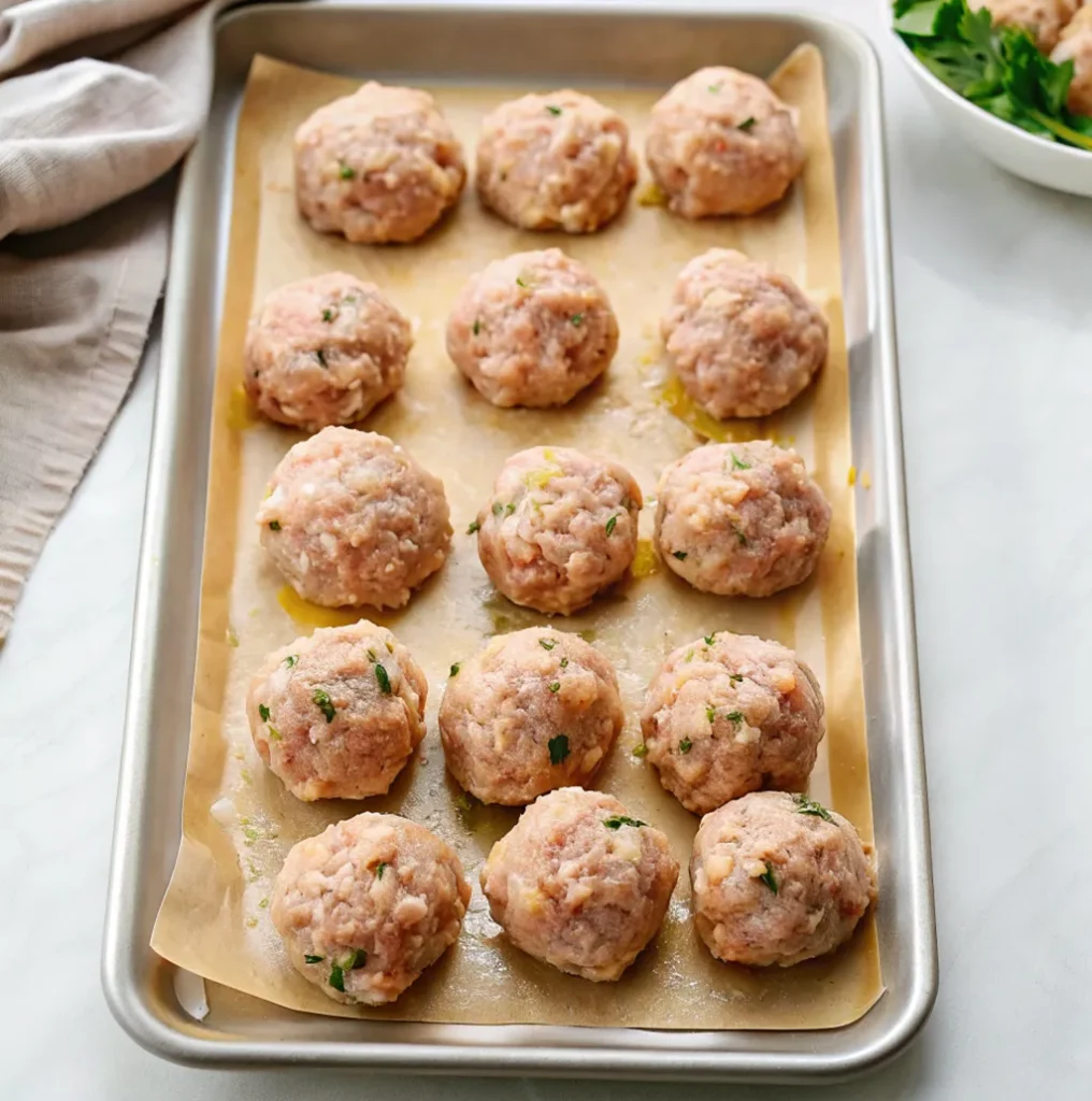 A dozen raw, round chicken and ricotta meatballs are arranged on a parchment-lined baking sheet, ready for the oven, showing visible flecks of herbs within the meat.