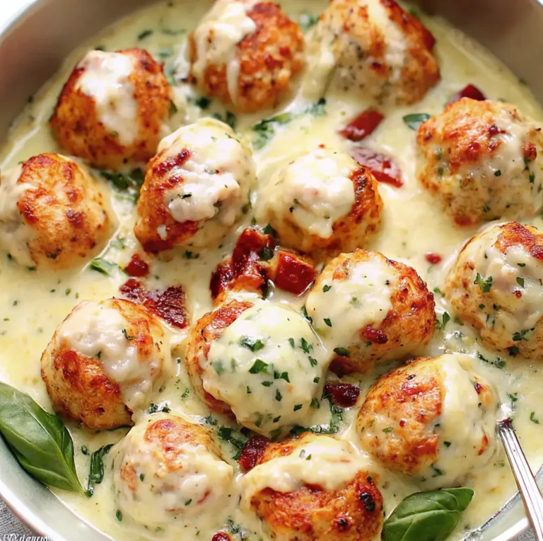 A close-up of a serving dish shows the finished Chicken Ricotta Meatballs with Spinach Alfredo Sauce , garnished with melted cheese, sun-dried tomato pieces, and fresh basil.