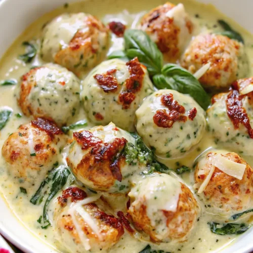 A close-up of a serving dish shows the finished Chicken Ricotta Meatballs with Spinach Alfredo Sauce , garnished with melted cheese, sun-dried tomato pieces, and fresh basil.