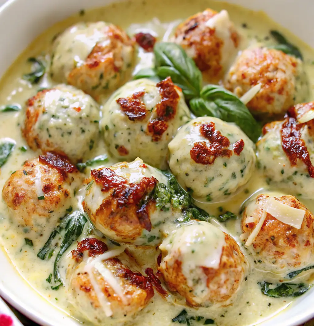 A close-up of a serving dish shows the finished Chicken Ricotta Meatballs with Spinach Alfredo Sauce , garnished with melted cheese, sun-dried tomato pieces, and fresh basil.