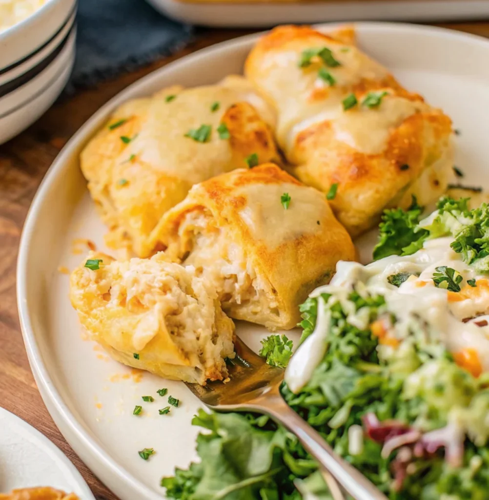 Golden chicken-stuffed crescent rolls served with fresh green salad and ranch dressing, perfect for a hearty meal.