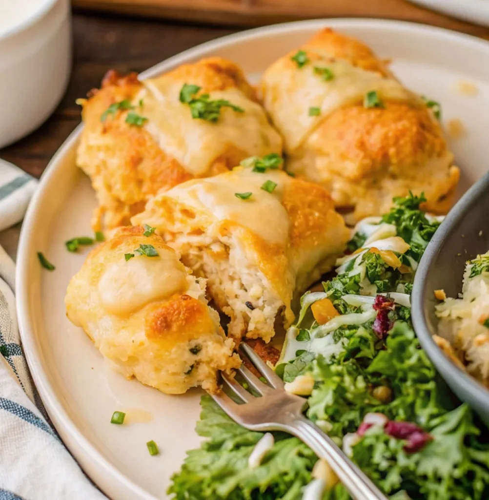 Golden chicken-stuffed crescent rolls served with fresh green salad and ranch dressing, perfect for a hearty meal.