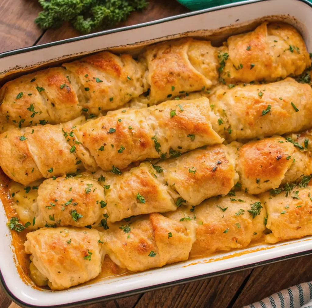 A baking dish filled with Chicken Stuffed Crescent Rolls, baked to perfection and sprinkled with fresh parsley for a comforting, easy meal.
