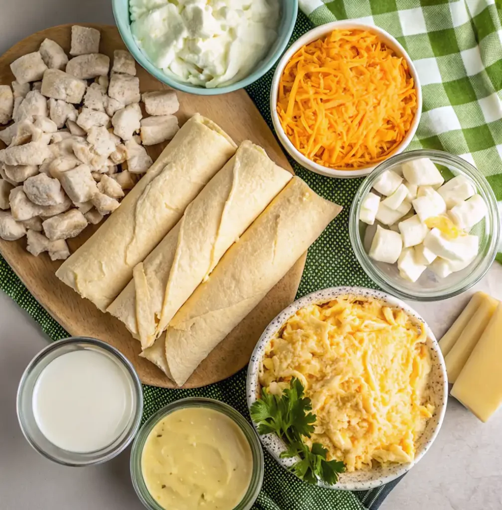 Ingredients for chicken stuffed crescent rolls: diced cooked chicken, crescent roll dough, cream cheese, shredded cheddar, mozzarella, milk, and sauce.
