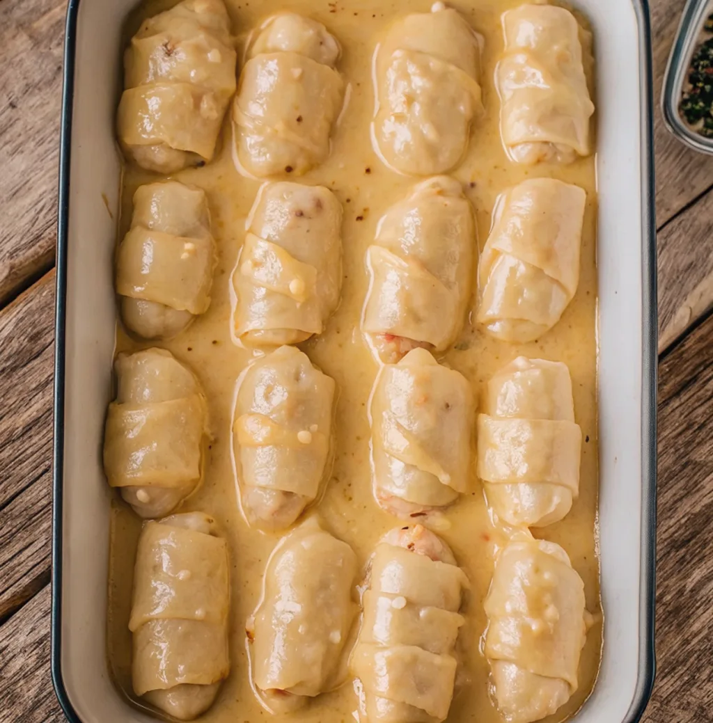 Crescent rolls stuffed with chicken and drenched in cheese sauce before going into the oven