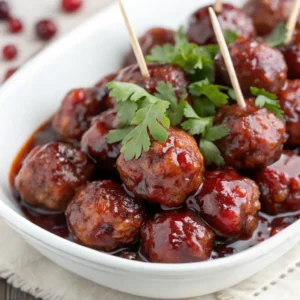 Cranberry Jalapeno Meatballs served on a white platter with toothpicks