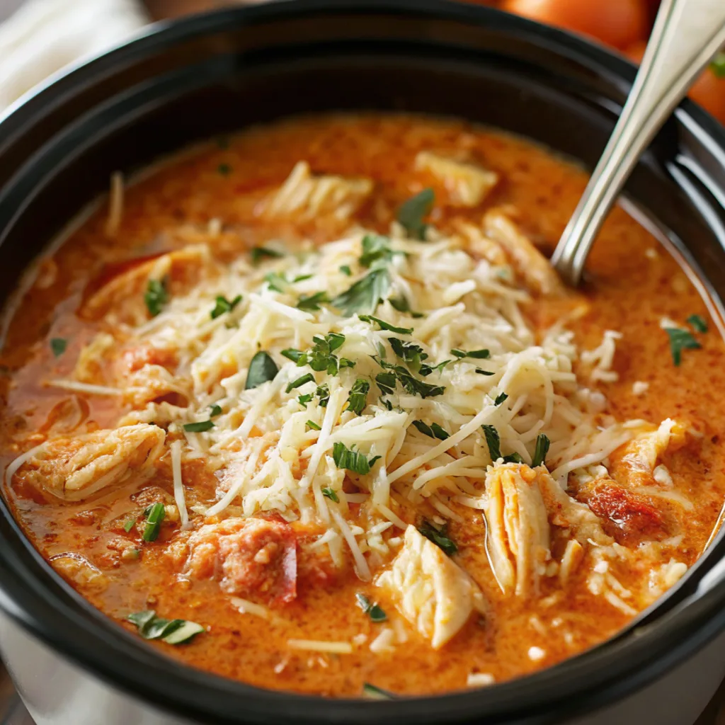 A close-up of a black crock-pot filled with a rich, creamy, chicken soup, topped with shredded parmesan cheese and fresh chopped herbs, with a metal spoon resting on the side. for crockpot creamy chicken parmesan soup