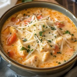 A close-up of a grey-green bowl filled with creamy, crockpot creamy chicken parmesan soup, featuring large chunks of chicken and tomatoes, generously topped with shredded parmesan cheese and fresh parsley.