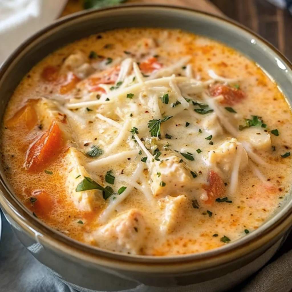 A close-up of a grey-green bowl filled with creamy, crockpot creamy chicken parmesan soup, featuring large chunks of chicken and tomatoes, generously topped with shredded parmesan cheese and fresh parsley.