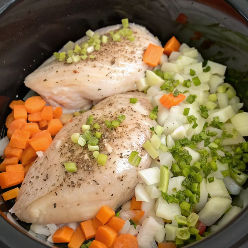 Two raw chicken breasts seasoned with pepper and topped with chopped green onions sit amidst diced carrots, onions, and celery in a slow cooker, ready to be cooked for creamy chicken parmesan soup.