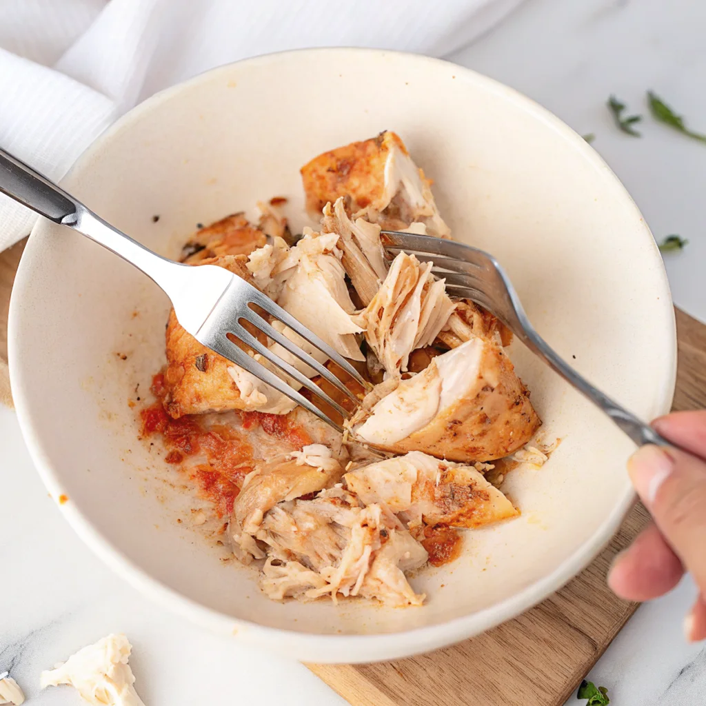 A close-up shot of a white bowl where a person is shredding tender, seasoned chicken pieces with two forks,