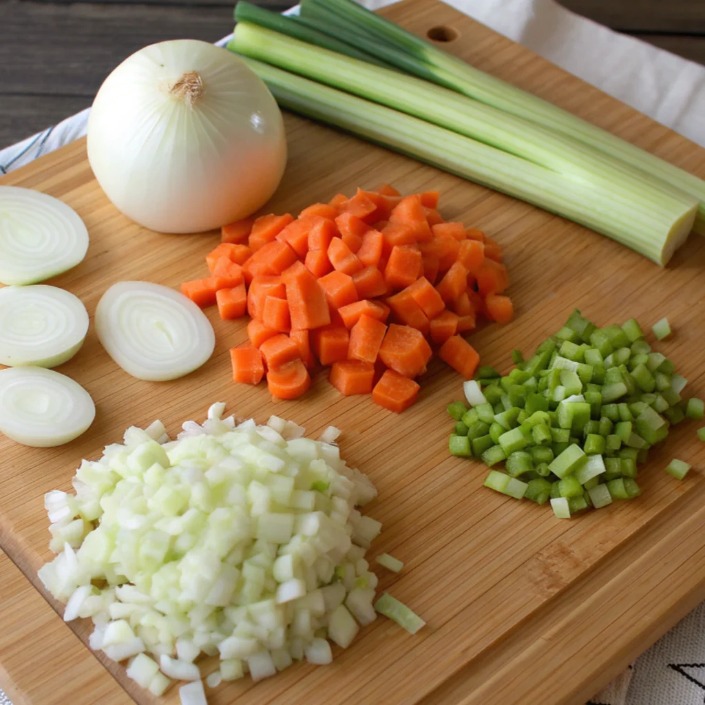 
A wooden cutting board with a whole white onion and several onion slices, a pile of uniformly diced carrots, a mound of finely diced celery, and three whole stalks of celery or scallions in the background.